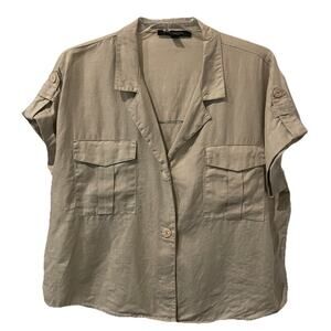 Andrew Marc New York-Linen Shirt-Sz. Large-Boxy Short Abalone Buttons Coastal